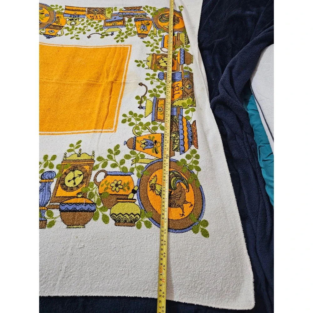 Vintage Mid Century Terry Cloth Tablecloth Rooster Tea Kitchen Orange 63x46